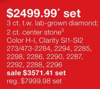 JC Penney 3 ct. t.w. lab-grown diamond 2 ct. center stone◊ Color H-I, Clarity SI1-SI2 offer