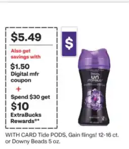 CVS Tide PODS, Gain flings! 12-16 ct. or Downy Beads 5 oz offer