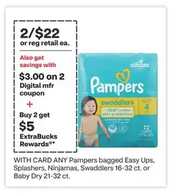 CVS ANY Pampers bagged Easy Ups, Splashers, Ninjamas, Swaddlers 16-32 ct. or Baby Dry 21-32 ct offer
