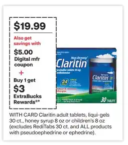 CVS Claritin adult tablets, liqui-gels 30 ct., honey syrup 8 oz or children's 8 oz offer