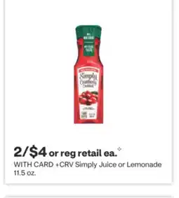 CVS Simply Juice or Lemonade 11.5 oz offer