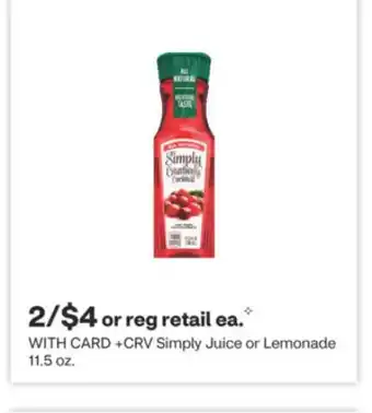 CVS Simply Juice or Lemonade 11.5 oz offer
