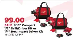 Runnings Milwaukee M18 Compact 1/2 Drill/Driver Kit or 1/4 Hex Impact Driver Kit offer
