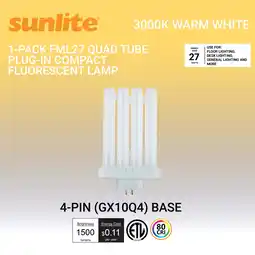 Walmart Sunlite FML27/30K/2PK CFL, 27W, 1500 Lumens, 3000K Warm White, 4-Pin GX10q4 Base, 120V, 1 Pack offer