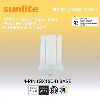 Walmart Sunlite FML27/30K/2PK CFL, 27W, 1500 Lumens, 3000K Warm White, 4-Pin GX10q4 Base, 120V, 1 Pack offer