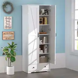 Walmart UPGO 70'' Tall Large Wood Storage Pantry Cabinet with 6 Adjustable Shelves, 2 Barn Doors and Drawer offer
