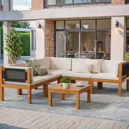 Walmart Homall 6 Pieces Acacia Patio Conversation Set Wood Sectional Set Outdoor Furniture Set with Cushions, White offer