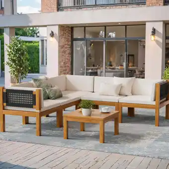 Walmart Homall 6 Pieces Acacia Patio Conversation Set Wood Sectional Set Outdoor Furniture Set with Cushions, White offer