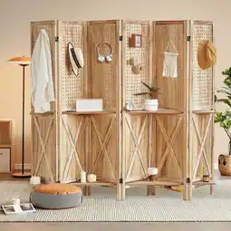 Walmart Aletheiawu 6 Panel Wood Display with 24 Hooks, Folding Room Divider, No Installation Require, Brown offer