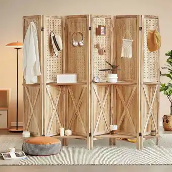 Walmart Aletheiawu 6 Panel Wood Display with 24 Hooks, Folding Room Divider, No Installation Require, Brown offer