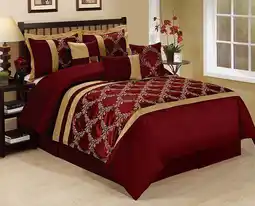 Walmart HIG 7 Piece Burgundy and Gold Faux Silk Fabric Embroideried Bedding Set, Queen offer
