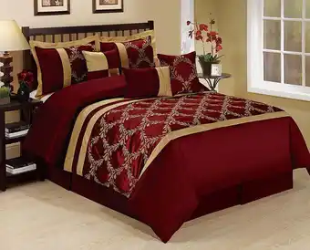 Walmart HIG 7 Piece Burgundy and Gold Faux Silk Fabric Embroideried Bedding Set, Queen offer
