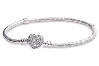 Walmart Pandora Moments Women's Sterling Silver Snake Chain Charm Bracelet with Pave Heart Clasp offer
