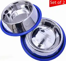 Walmart Set of 2 Etched Stainless Steel Dog Bowls with Blue Silicone Base offer