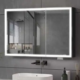 Walmart Jarbalai Bathroom Mirror Cabinet with LED Lights, Anti-Fog, Wall Mounted, 35.4 x 23.6, Matt Cream offer