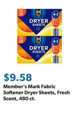 Sam's Club Member's Mark Fabric Softener Dryer Sheets, Fresh Scent, 480 ct offer