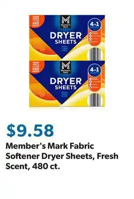 Sam's Club Member's Mark Fabric Softener Dryer Sheets, Fresh Scent, 480 ct offer