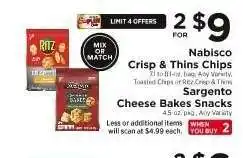 ShopRite Nabisco Crisp & Thins Chips, Sargento Cheese Bakes Snacks offer
