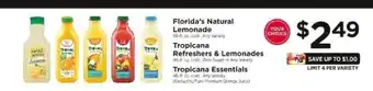 ShopRite Florida's Natural Lemonade, Tropicana Refreshers & Lemonades, Tropicana Essentials offer