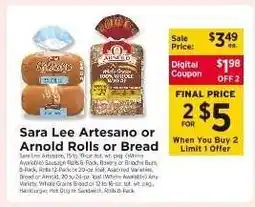 ShopRite Sara Lee Artesano or Arnold Rolls or Bread offer