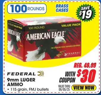 Big 5 FEDERAL AMERICAN EAGLE 9MM LUGER 100-ROUND VALUE PACK offer