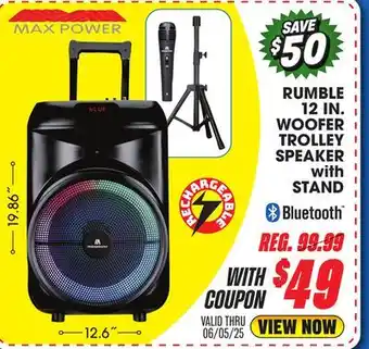 Big 5 MAX POWER RUMBLE 12 IN. WOOFER TROLLEY SPEAKER with STAND offer