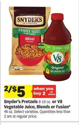 Meijer Snyder's Pretzels 8-16 oz. or V8 Vegetable Juice, Blends or Fusion offer