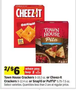 Meijer Town House Crackers 9-10.2 oz. or Cheez-It Crackers 9-12.4 oz. or Snap'd or Puff'd* 5.75-7.5 oz offer