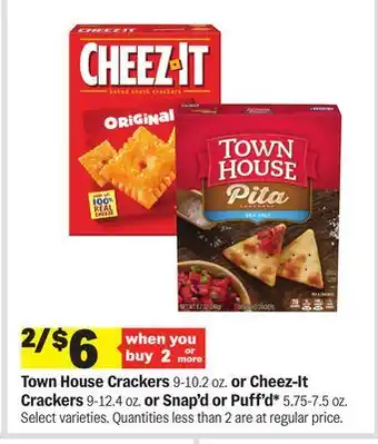 Meijer Town House Crackers 9-10.2 oz. or Cheez-It Crackers 9-12.4 oz. or Snap'd or Puff'd* 5.75-7.5 oz offer