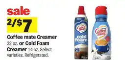 Meijer Coffee mate Creamer 32 oz. or Cold Foam Creamer 14 oz offer