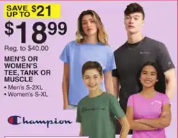 Dunham's Sports CHAMPION MEN'S OR WOMEN'S TEE, TANK OR MUSCLE offer
