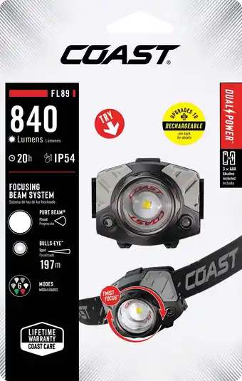 Walmart COAST FL89 650 Lumen Alkaline Dual Power Tri-Color IP54 Rated LED Headlamp, 4.5 oz offer