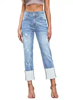 Walmart DOKOTOO Women Straight Leg Jeans Cuffed High Waisted Boyfriend Jean Denim Distressed Pants offer