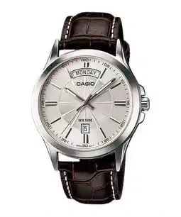 Walmart MTP1381L-7AV Men's Classic Leather Band 50M Day Date Silver Dial Watch offer