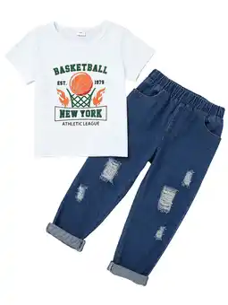 Walmart CARETOO Boy Summer Kids Clothes Short Sleeve T-Shirt Ripped Jeans Denim Pants Outfits 2Pcs Set 4-7T offer