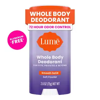 Walmart Lume Whole Body Womens Deodorant - Smooth Solid Stick - Aluminum Free - Soft Powder - 2.6oz offer