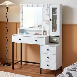 Walmart Caulitar Vanity Makeup Dressing Table Desk with 11 LED Lights Mirror and 5 Drawers & Cabinet White offer
