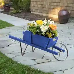 Walmart Costway Wooden Wagon Planter Decorative Indoor/Outdoor Rustic Flower Cart with Wheel Blue offer