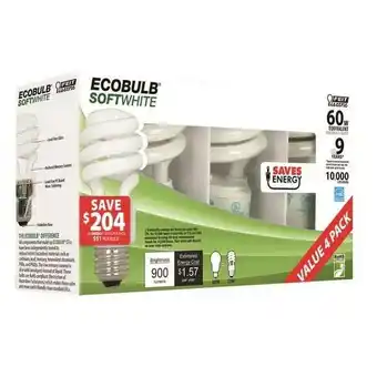 Walmart 1 PC,Feit Electric ESL13T/4 EcoBulb Non-Dimmable Compact Fluorescent Bulb 13W, 4-Pack offer