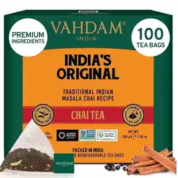 Walmart VAHDAM Masala Chai Tea Bags, 100 Count, Spiced Tea with Cardamom, Cinnamon, Black Pepper offer