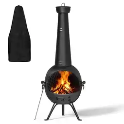 Walmart KingChii Chiminea Outdoor Fireplace, Wooden Fire Pit for Patio Backyard with Cover, Black offer
