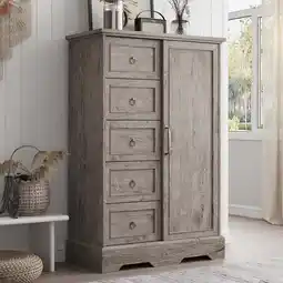 Walmart Vabches 5 Drawers Dresser with Sliding Barn Door, Sturdy Base Modern Wood Dresser for Bedroom,Gray offer