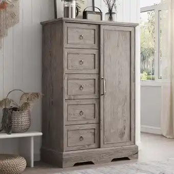 Walmart Vabches 5 Drawers Dresser with Sliding Barn Door, Sturdy Base Modern Wood Dresser for Bedroom,Gray offer