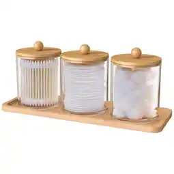 Walmart Dznils 3 Pack Acrylic Qtip Holder for Bathroom, 10 oz Clear Apothecary Jars with Bamboo Lid & Tray offer