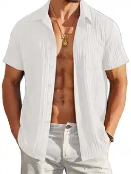 Walmart Coshow Men's Summer Shirts Textured Button Down Shirt Short Sleeve Beach Shirts with Pocket offer