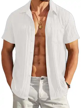 Walmart Coshow Men's Summer Shirts Textured Button Down Shirt Short Sleeve Beach Shirts with Pocket offer