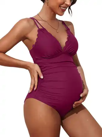 Walmart Sociala Maternity Swimsuit One Piece Tie Back Bathing Suit Scallop Trim V Neck Pregnancy Swimwear offer