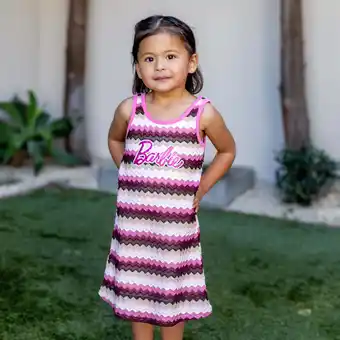 Walmart Barbie Girls Dresses Hot Pink Striped Letter Print Sleeveless A Line Sundress Sizes 8-9 Years offer