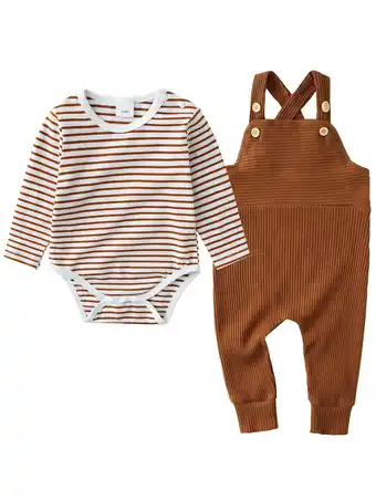 Walmart CARETOO Newborn Baby Boy Clothes 0-24M 2Pcs Infant Boy Romper Bodysuit Casual Striped Top Overalls offer