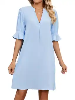 Walmart XCHQRTI Women's V Neck Dress Ruffle Sleeves Short Sleeves Dress Tighten Waist Solid Color Dress offer